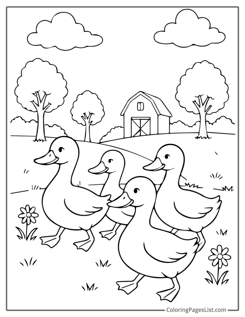 Four Ducks Walking Near A Barn To Color In