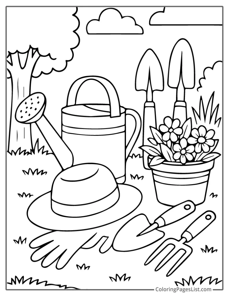 Garden Tools, Flowers, and Straw Hat Scene Coloring Page