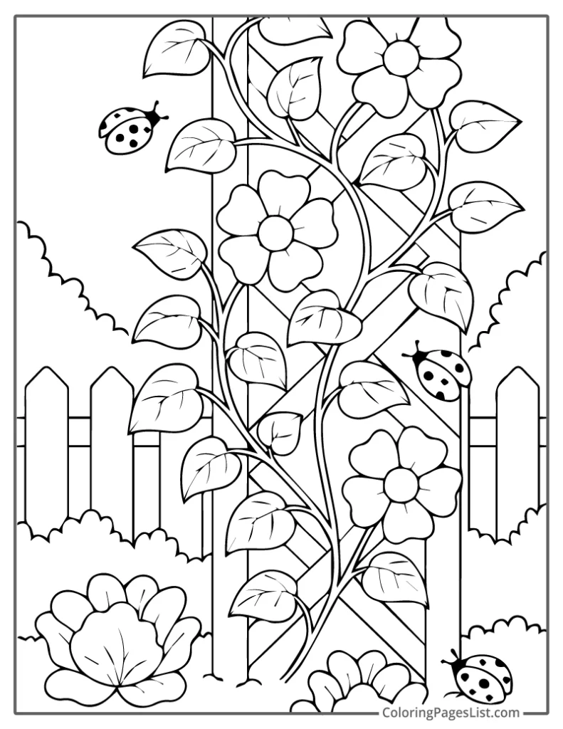 Garden Trellis with Climbing Flowers and Ladybugs