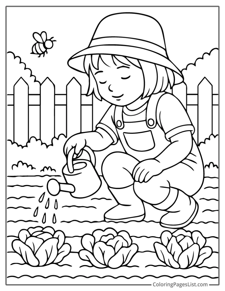 Girl Watering Lettuce Plants in the Garden Coloring Page