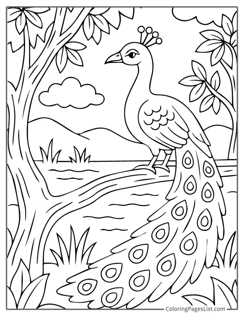 Graceful Peacock Perched Over A Riverbank Coloring Page