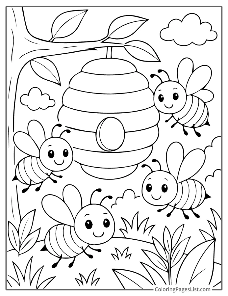 Group of Bees Returning to Their Hive Coloring Sheet