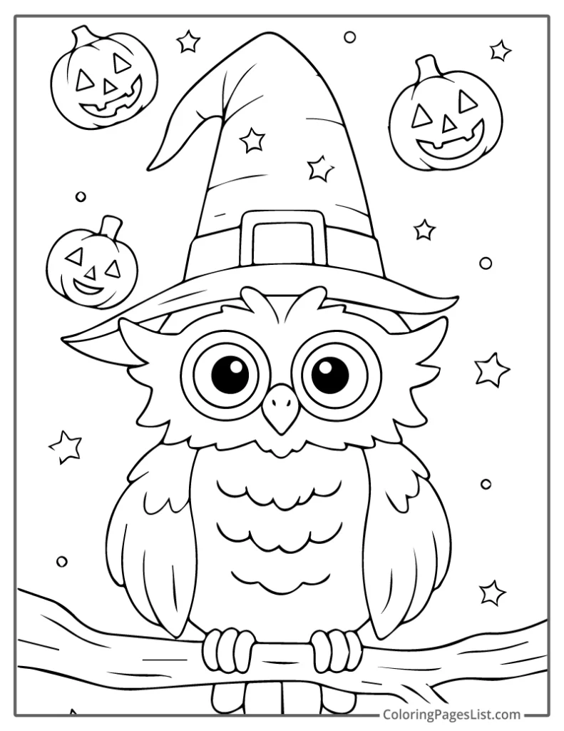 Halloween Owl in Witch Hat with Jack-o’-Lanterns Coloring Page