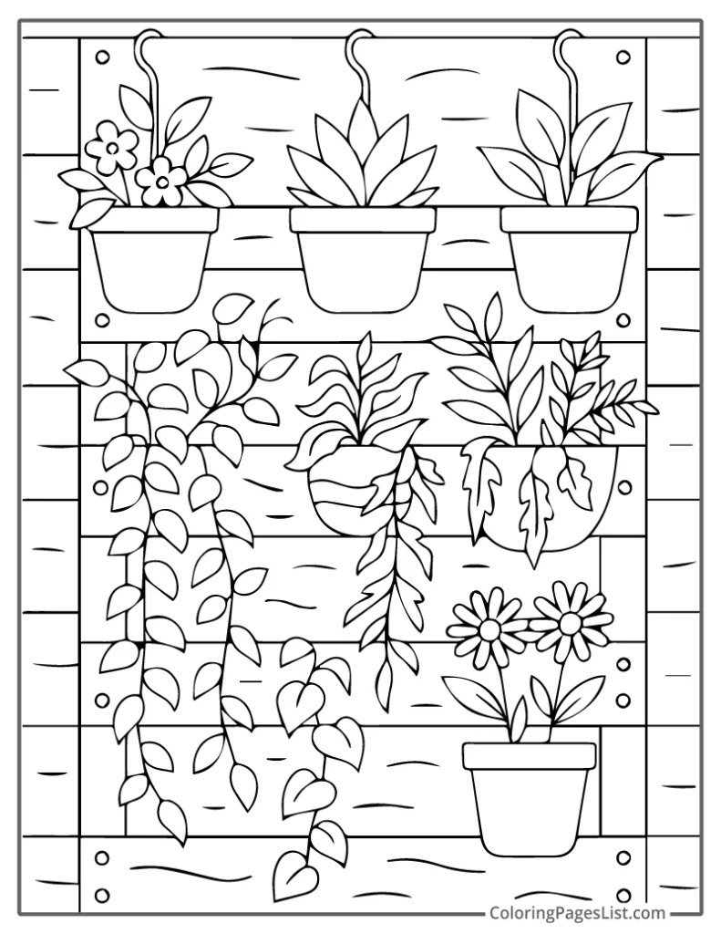 Hanging Garden Pots on a Wooden Wall Coloring Page