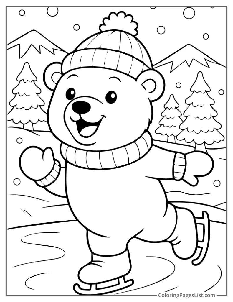 Happy Bear Ice Skating on a Snowy Day Coloring Page