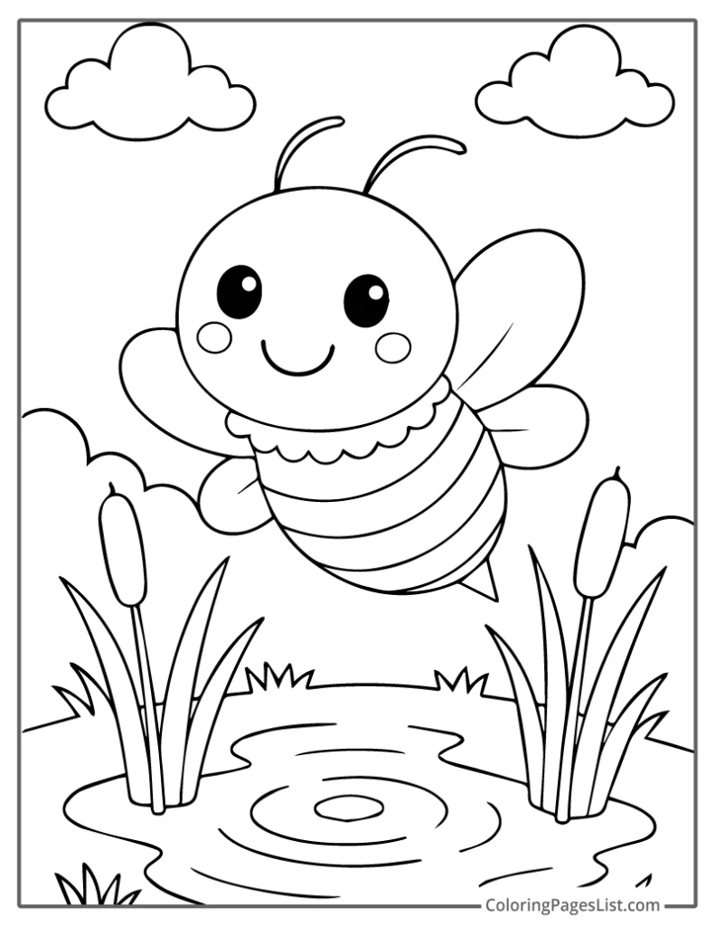 Happy Bee Flying Over a Pond Coloring Page For Kids