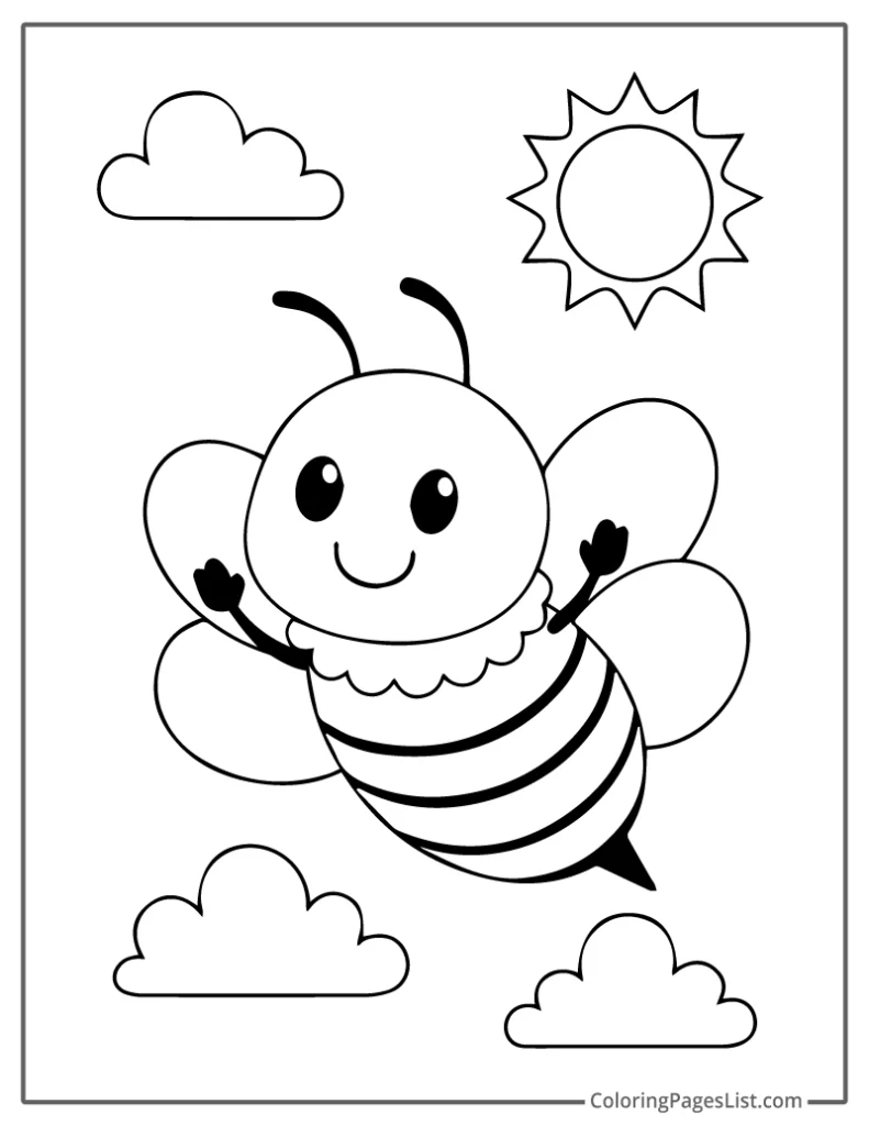Happy Bee Soaring Through the Clouds Coloring Page