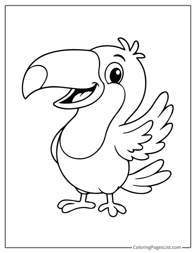 Happy Cartoon Toucan Standing With Wings Open To Color In