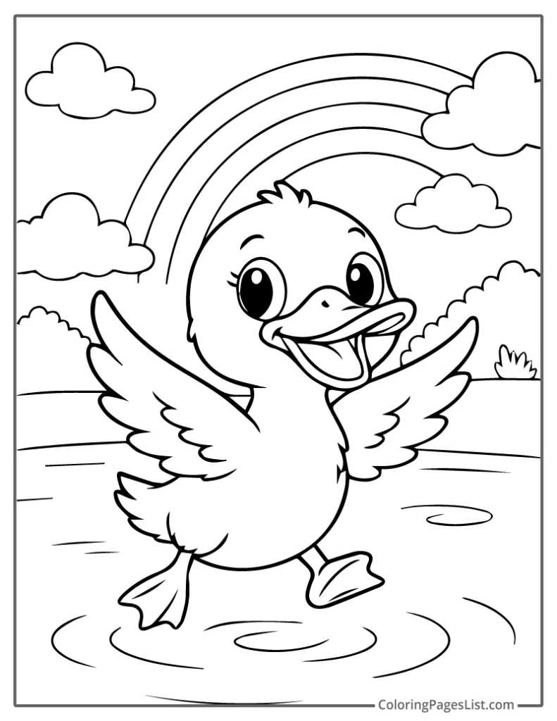 Happy Duck Splashing Under Rainbow Coloring Page