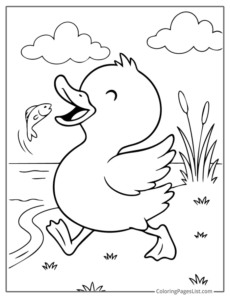 Happy Duck Walking By The Water For Kids To Color