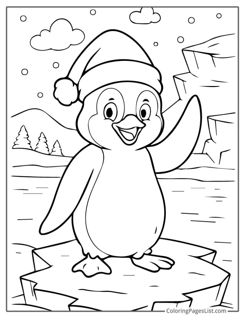 Happy Penguin Wearing a Santa Hat on Ice Coloring Page