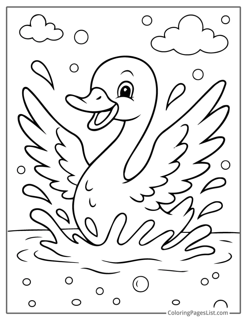 Happy Swan Splashing in Water Coloring Page