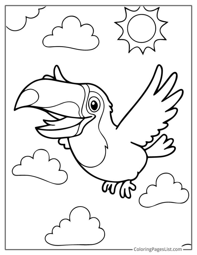 Happy Toucan Flying Through the Sky Coloring Page