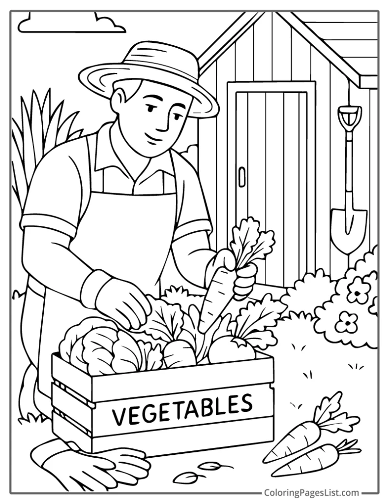 Harvesting Carrots Beside the Garden Shed Coloring Page