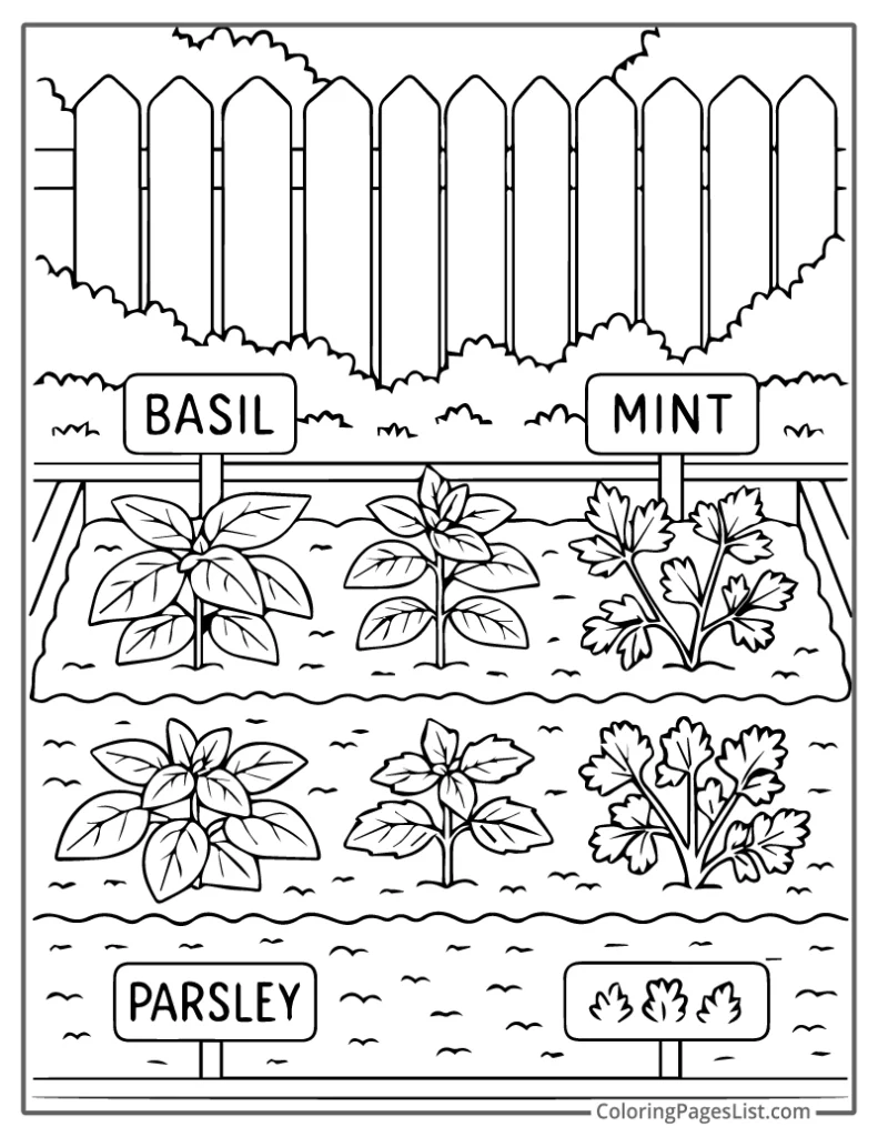Herb Garden with Basil, Mint, and Parsley To Color In