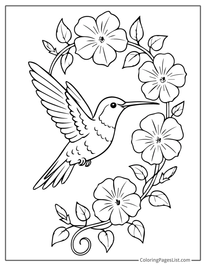 Hummingbird Flying Through Floral Vine Loop Coloring Sheet