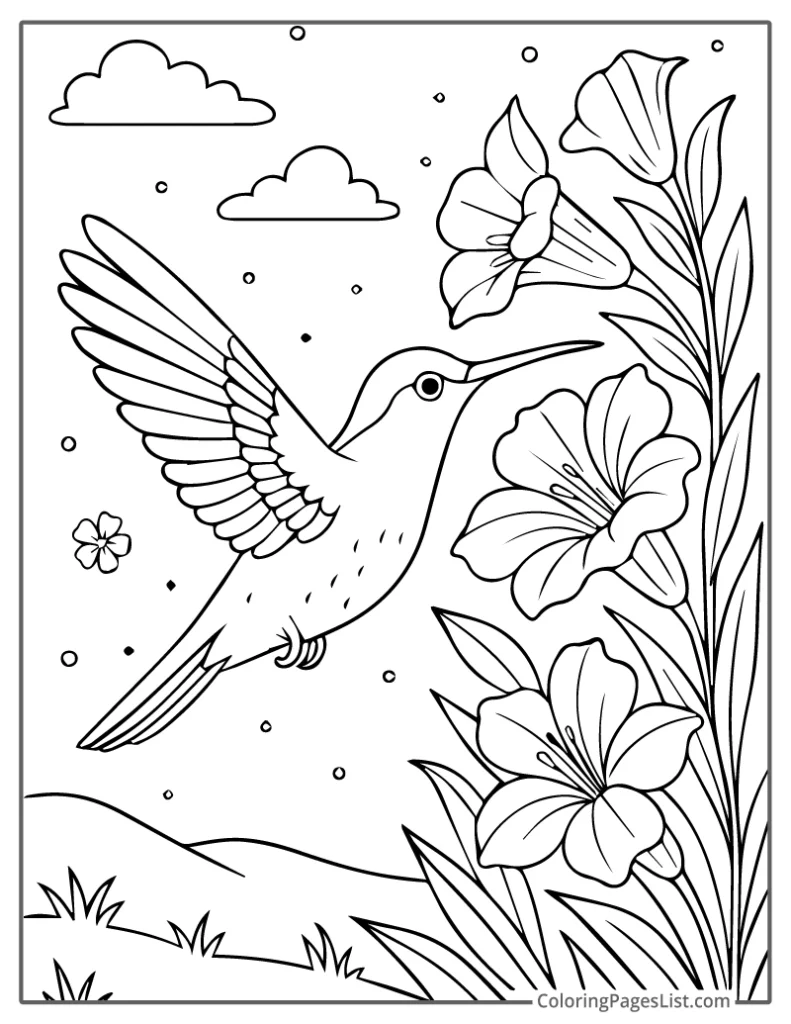 Hummingbird Gliding Through Morning Glories Coloring Page