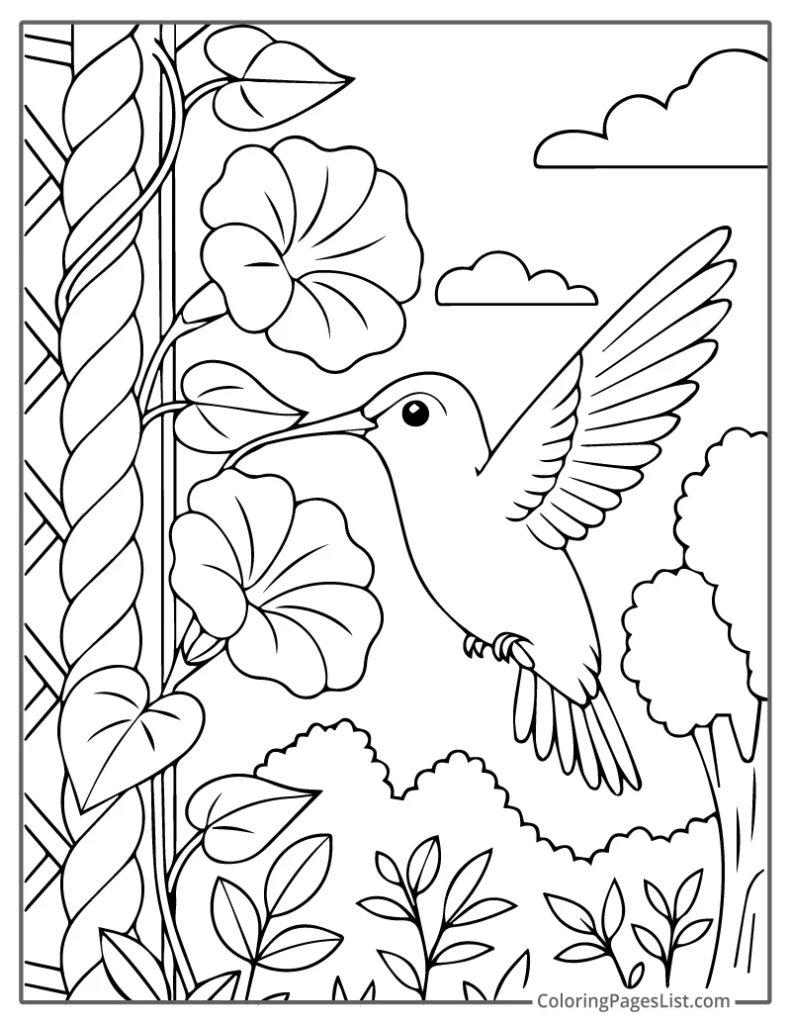 Hummingbird Near Vines With Blooming Petals To Color In