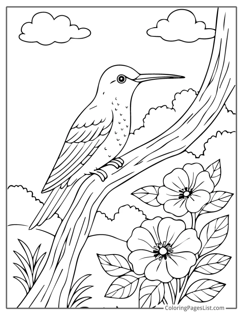 Hummingbird Perched on Tree Beside Flowers
