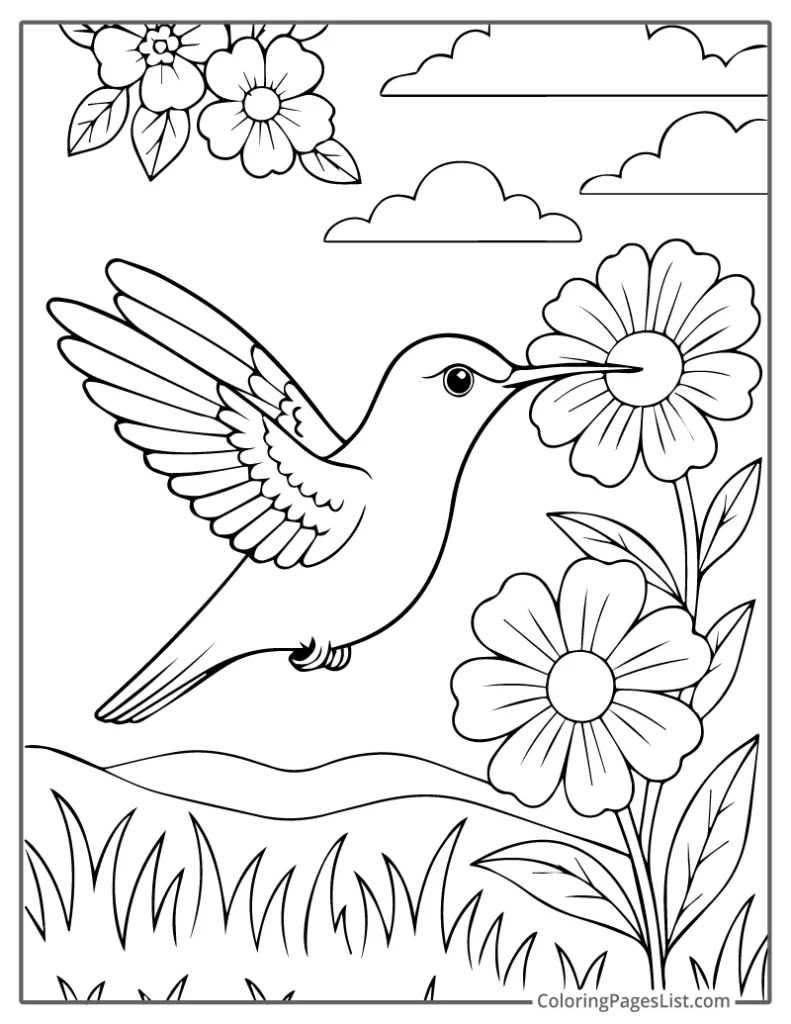Hummingbird Reaching for Daisy in Sunny Field To Color In
