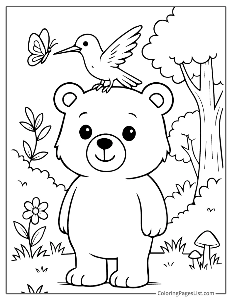 Hummingbird Resting on Bear With Butterfly To Color In