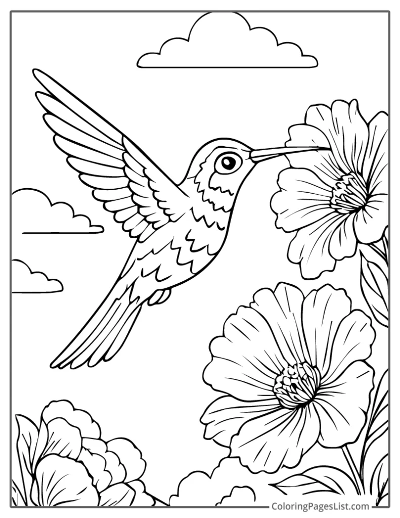 Hummingbird Sipping Nectar From Large Flowers Coloring Page