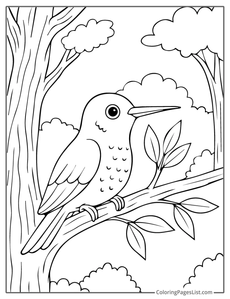 Hummingbird Sitting on a Tree Branch Coloring Sheet