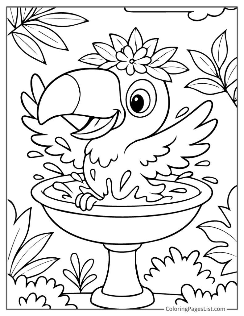 Joyful Toucan Splashing in a Bird Bath Coloring Page