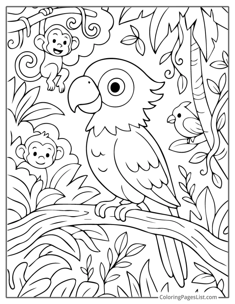 Jungle Parrot With Monkeys And Bird Nearby