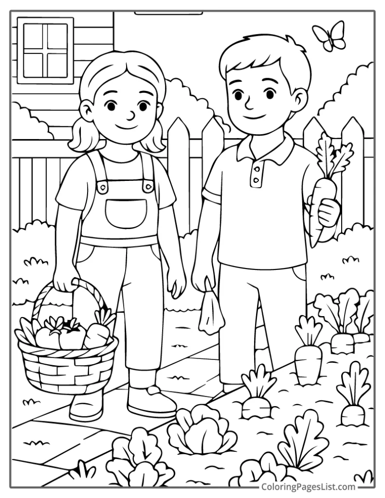Kids Gathering Vegetables from the Garden For Coloring