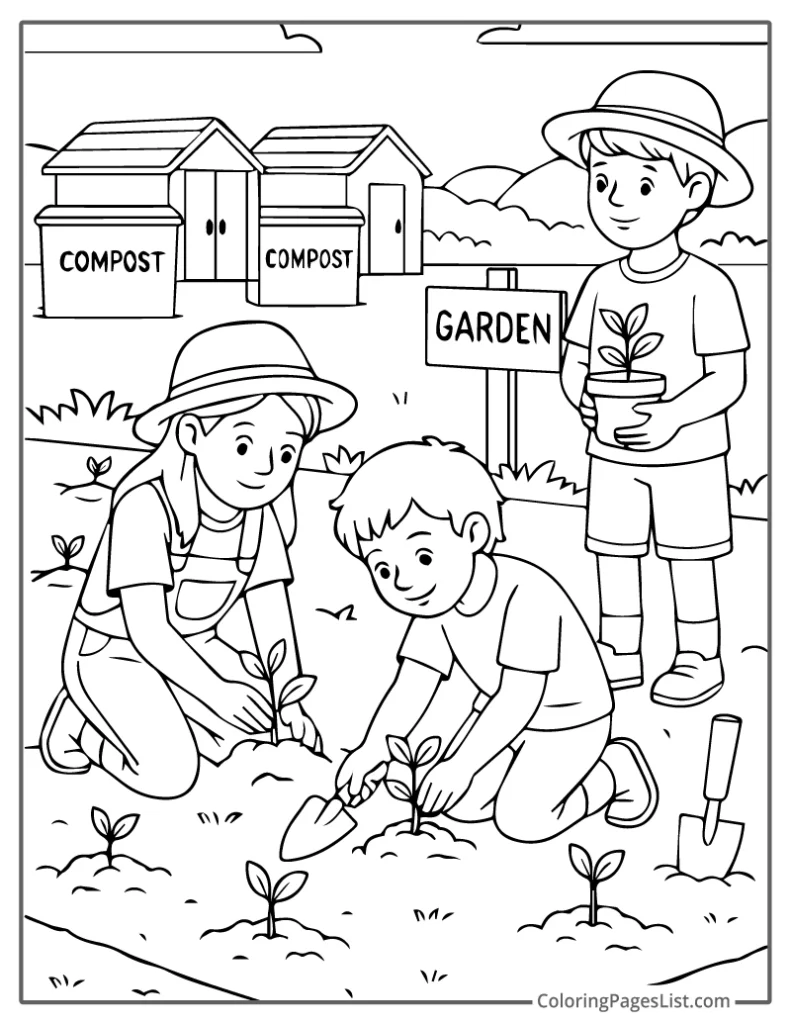 Kids Planting Seedlings in the Garden Area For Coloring