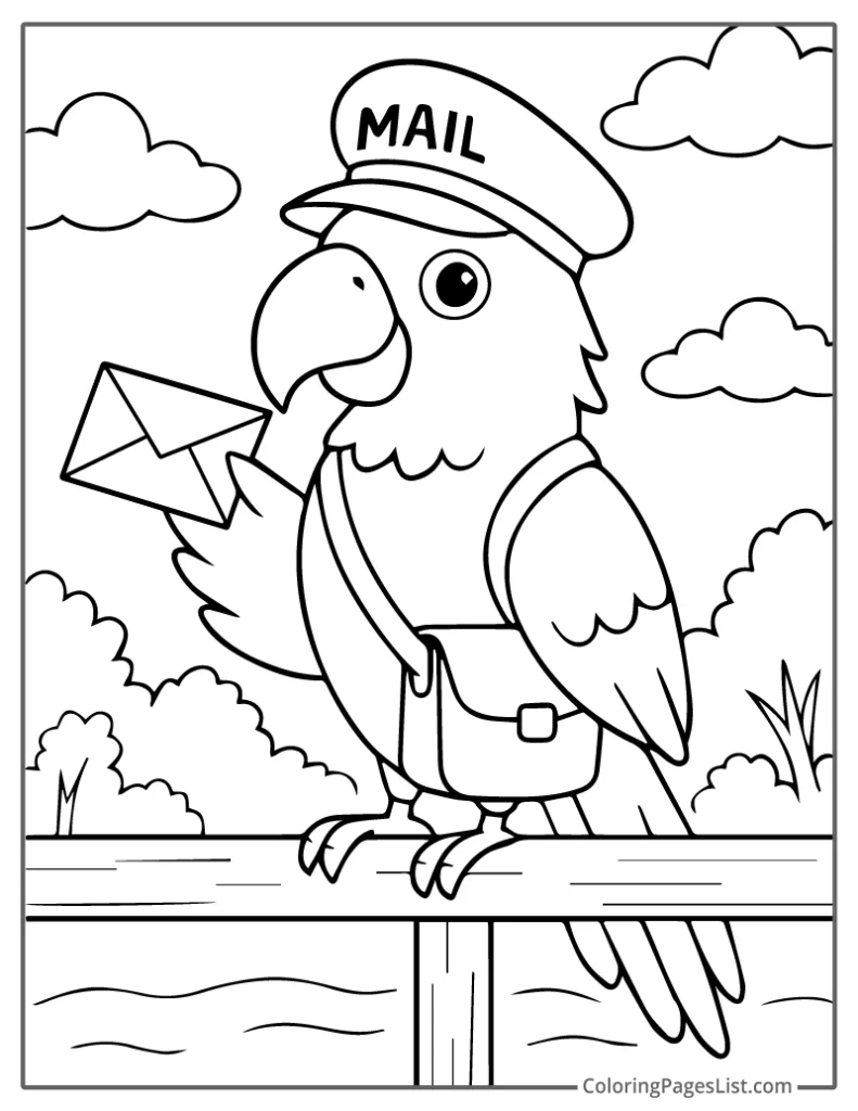 Mail Parrot Carrying Letter On Wooden Rail To Color In