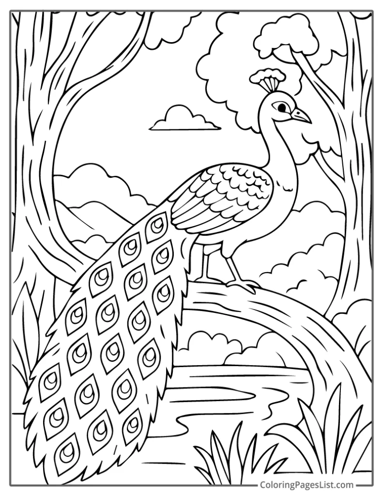 Majestic Peacock Standing On A Curved Tree Trunk For Coloring