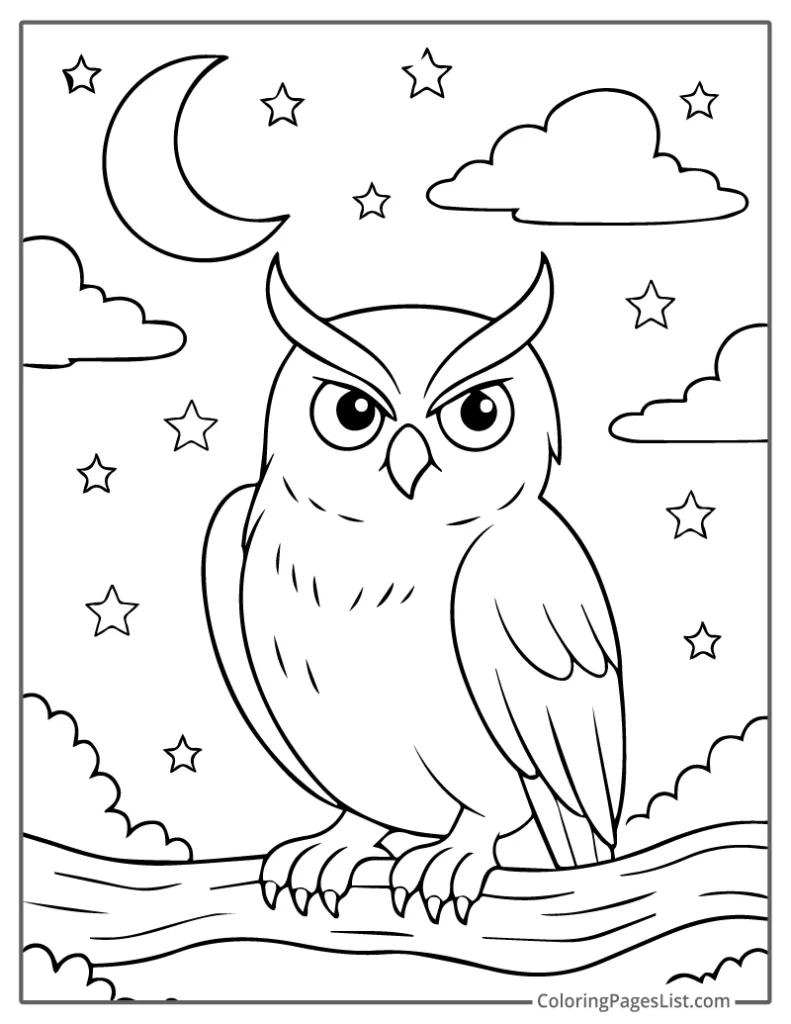 Moonlit Owl Sitting Proudly on a Curved Branch Coloring Page