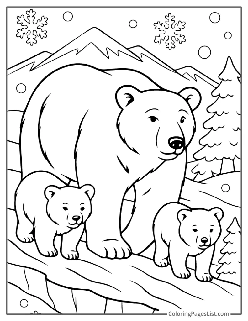 Mother Polar Bear Walking with Two Cubs Coloring Page