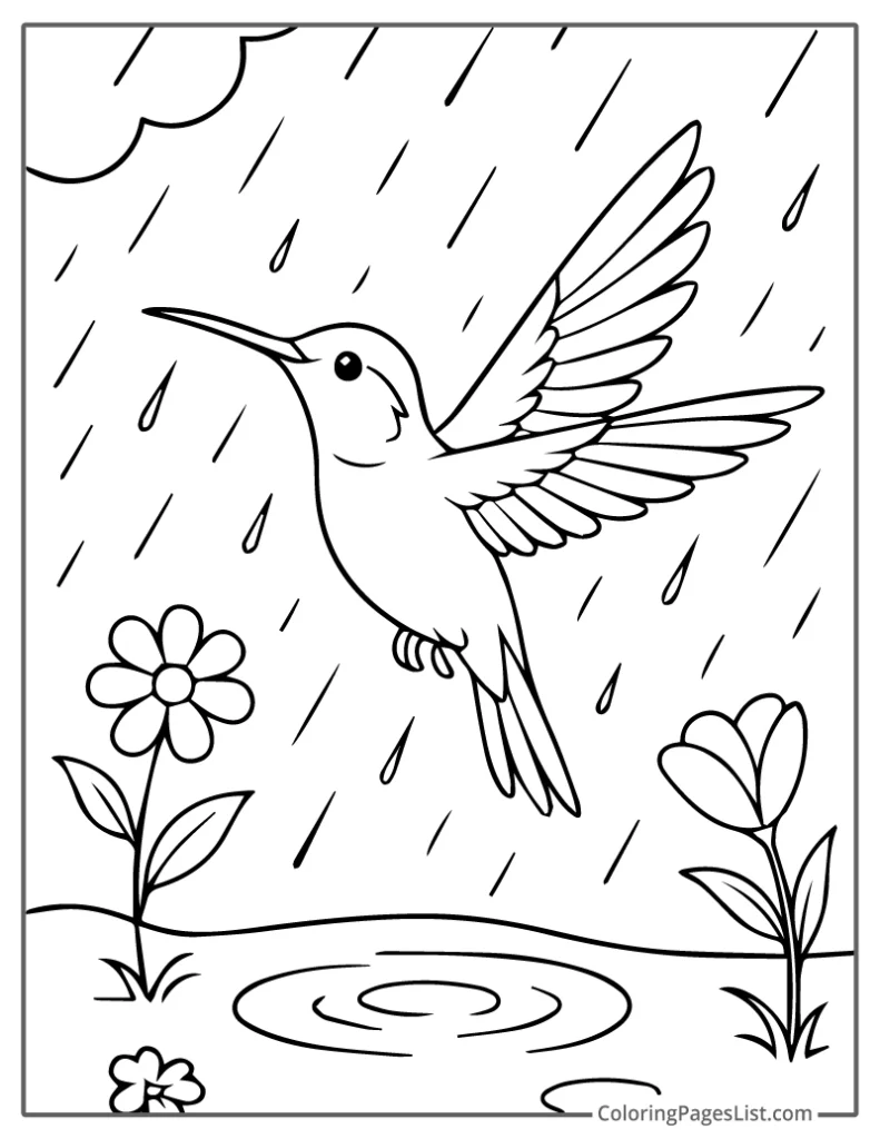Outline Of Hummingbird Flying Through a Rainy Garden