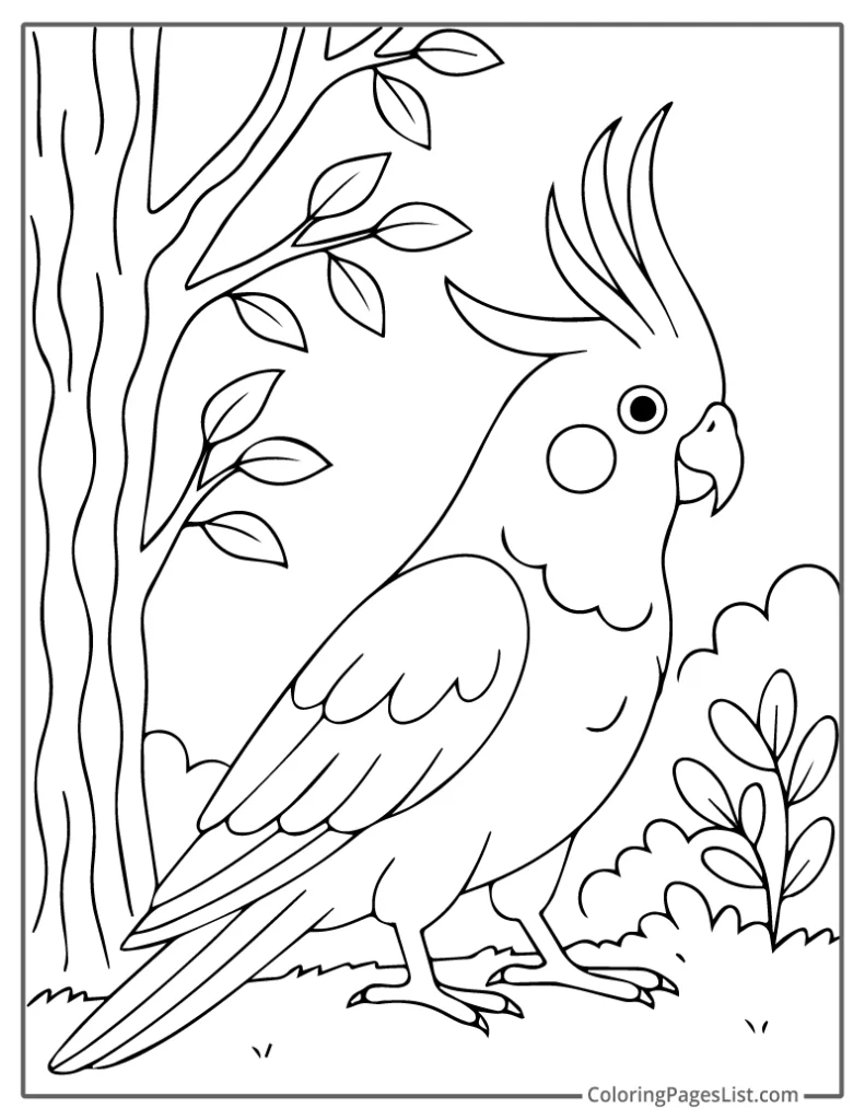 Outline of Cheeky Cockatoo Near A Forest Tree To Color In