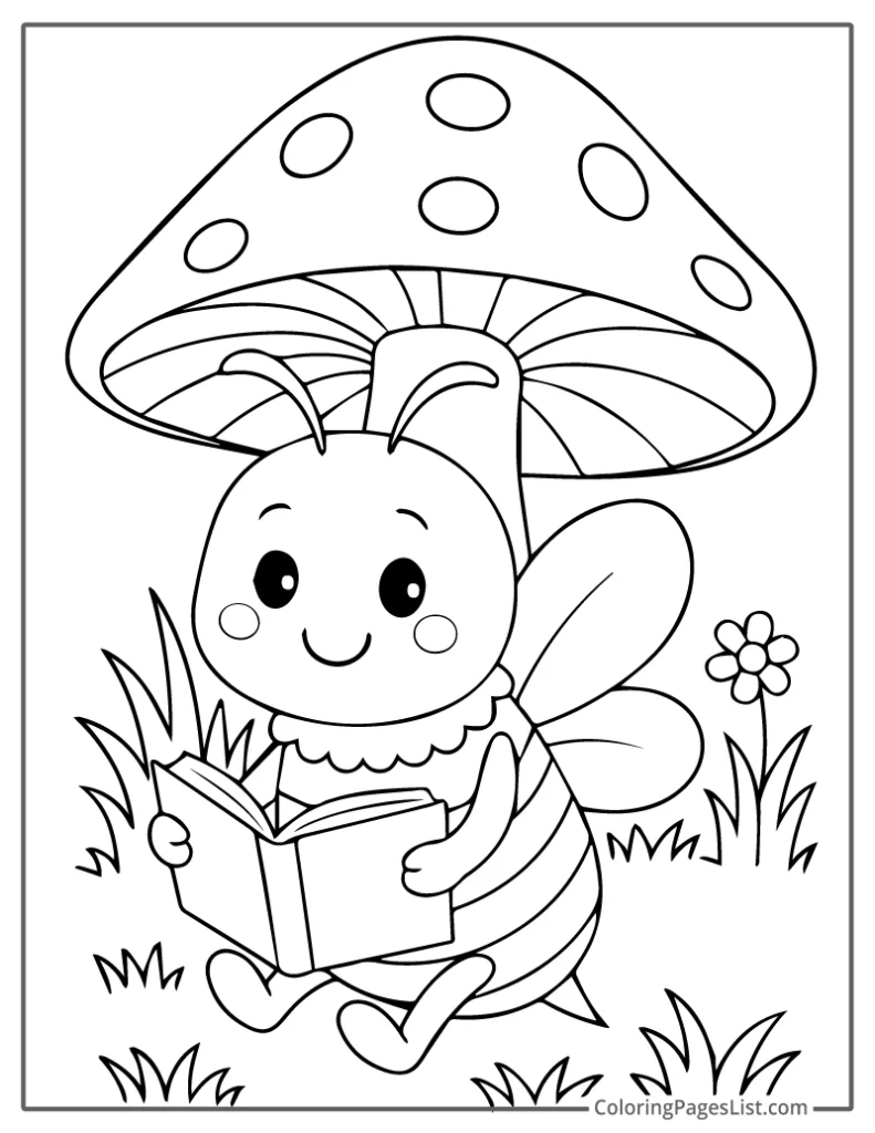 Outline of Cute Bee Reading Under a Mushroom To Color In