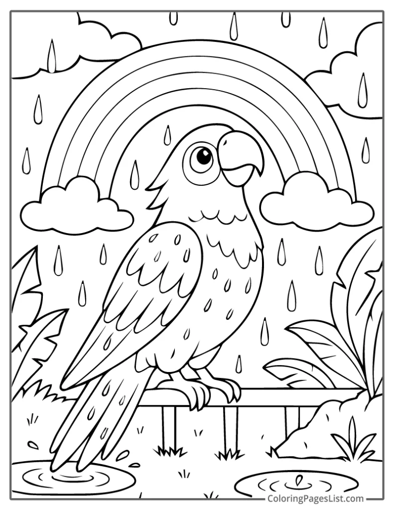 Outline of Parrot Sitting In Rain Under A Rainbow