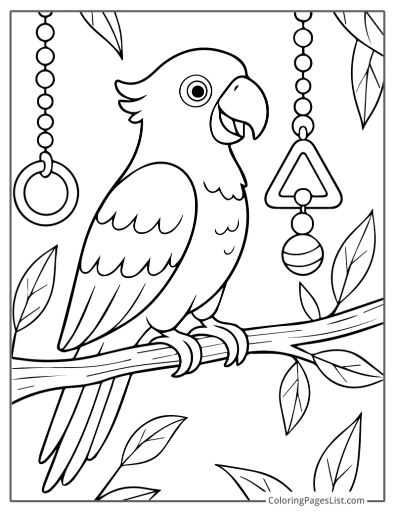 Outline of Parrot Sitting On Branch With Hanging Toys