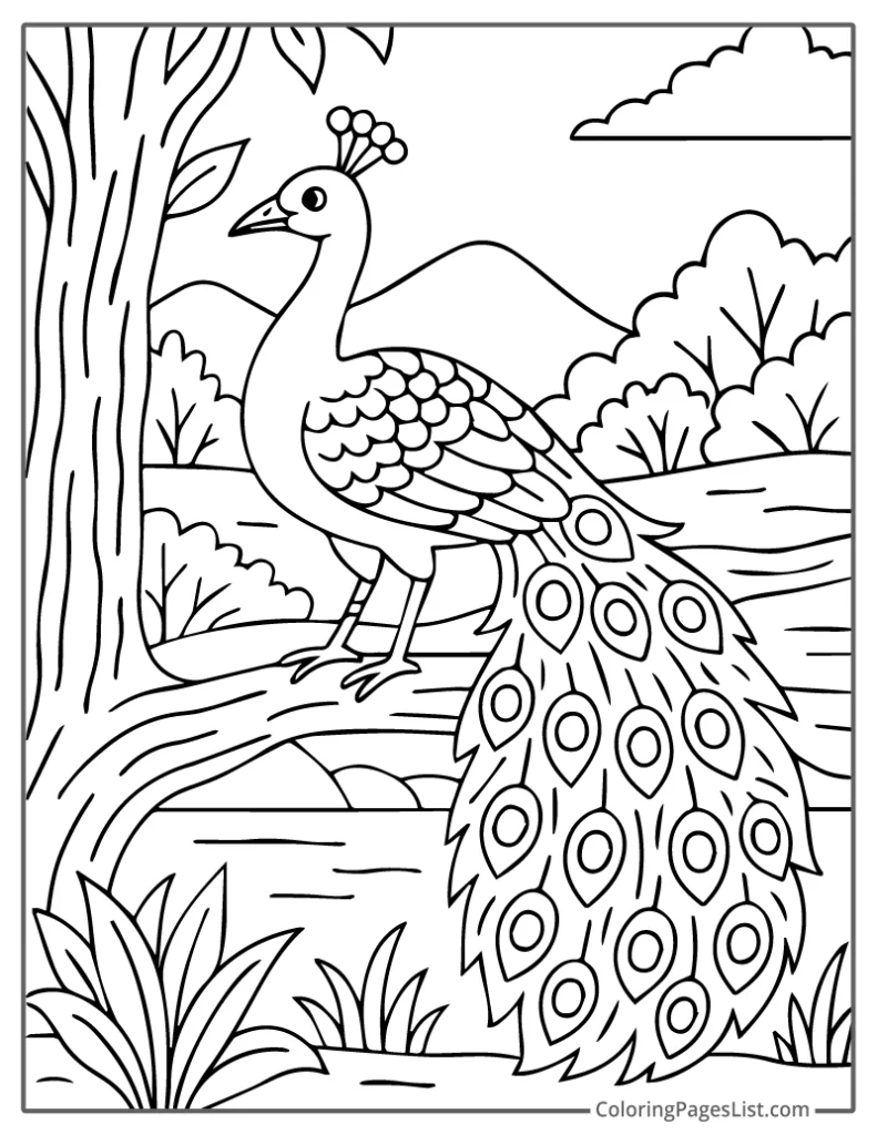 Outline of Peacock Showing Feathers By The Riverbank Coloring Page