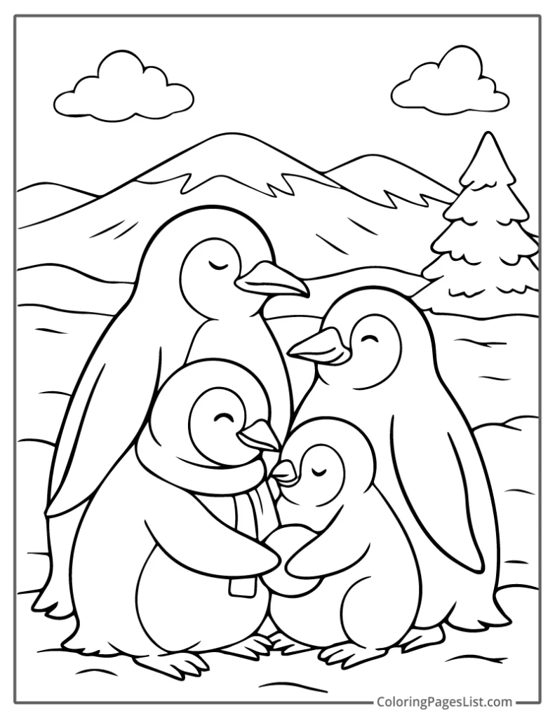 Outline of Penguin Family Cuddling Together in the Mountains