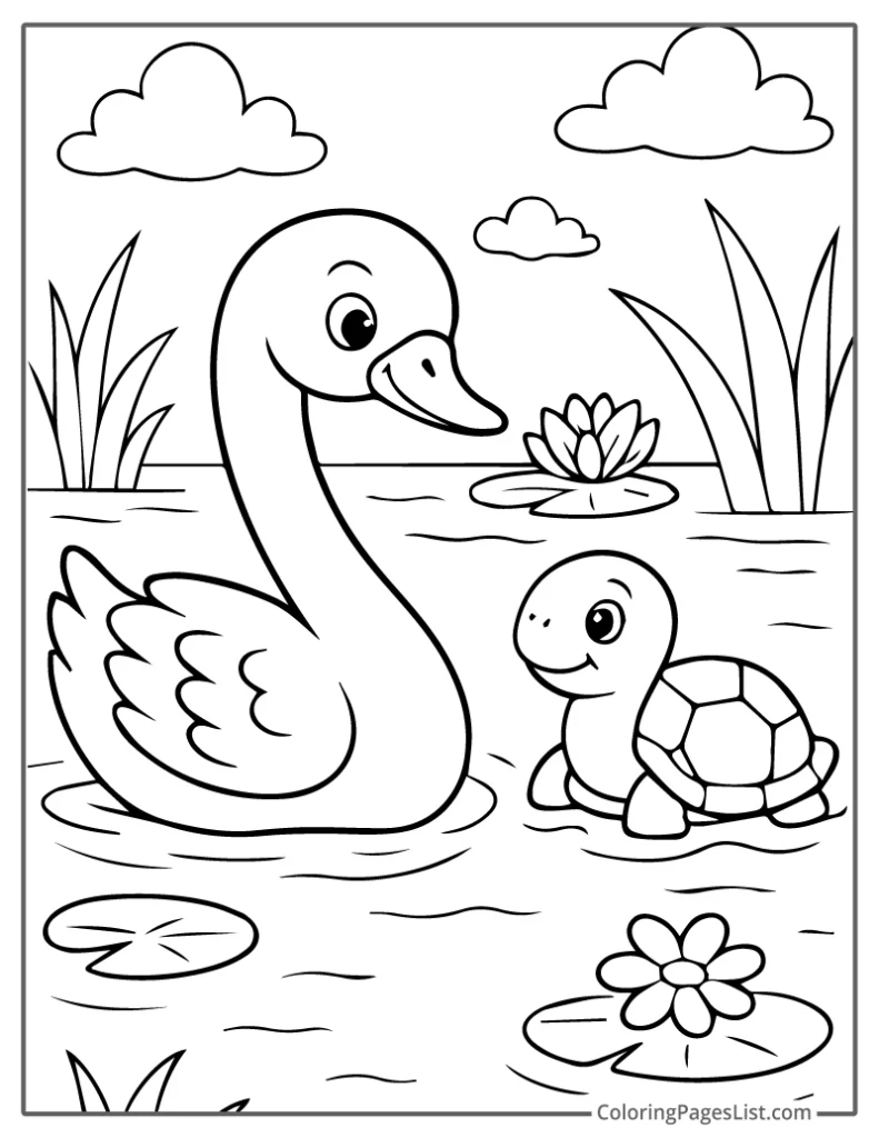 Outline of Swan Meeting a Smiling Turtle To Color In For Kids