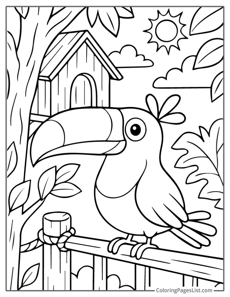 Outline of Toucan on a Fence Near Treehouse To Color In