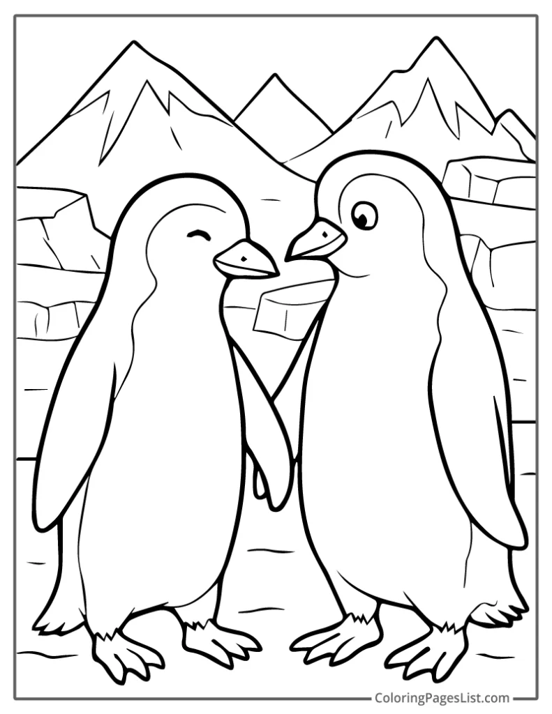 Outline of Two Penguins Smiling at Each Other by the Mountains