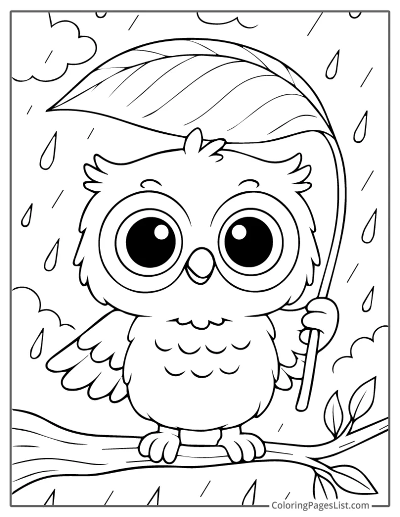 Owl Holding Leaf Umbrella in Rainy Weather To Color In