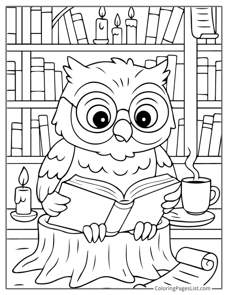 Owl Reading a Book by Candlelight Coloring Page