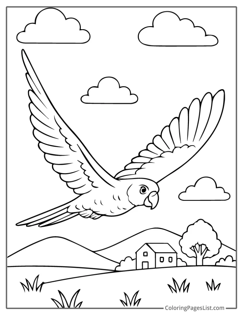 Parrot Flying Over Hills And Farmhouse Coloring Page