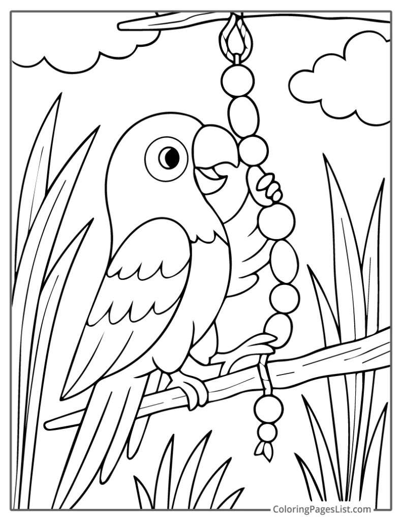 Parrot Holding Toy Beads On Forest Branch Coloring Page
