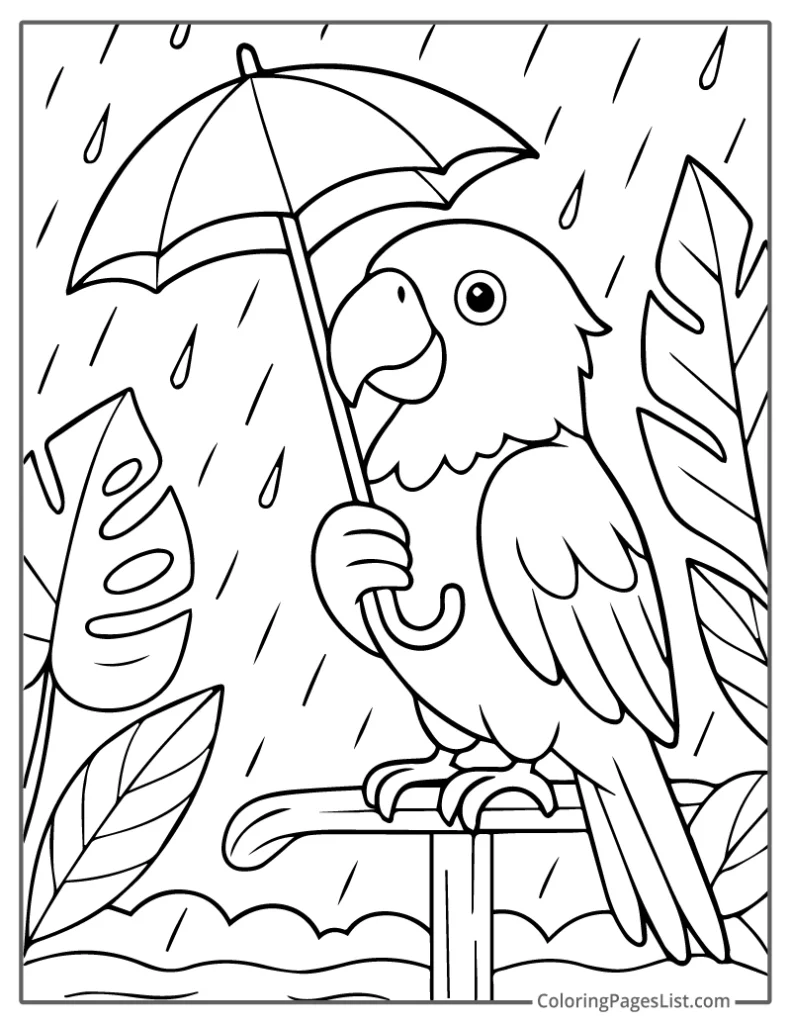 Parrot Holding Umbrella In Tropical Rain For Coloring